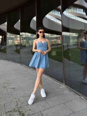 Concon Moda Askılı Mini Denim Elbise