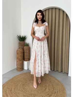 Concon Moda Askılı Çiçekli Şifon Kayro Midi Elbise