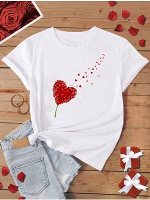 Stıl-X Uçuşan Kalpler Baskılı Bisiklet Yaka Standart Kalıp Tshırt