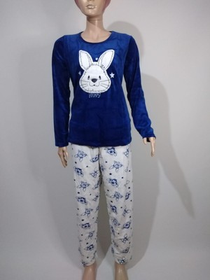 Vienetta Kadın Lacivert Kadife Yuvarlak Yaka Uzun Kollu Tavşan Desenli Pijama Takımı % 76 Pamuk