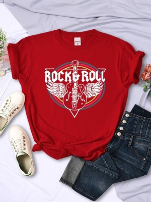 Stıl-X Rock & Roll Baskılı, Bisiklet Yaka, %100 Pamuklu, Standart Kalıp, Unısex Tshırt