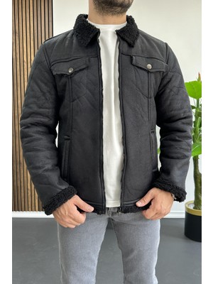 Erkek Içi Kürklü Suni Pul Deri Mont Siyah EDW120
