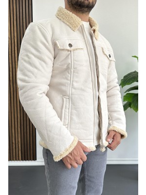 Erkek Içi Kürklü Suni Pul Deri Mont Beyaz EDW120