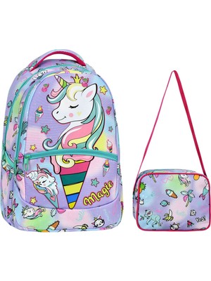 Çanta Trend Ilkokul Unicorn Desenli Kız Çocuk Ilkokul Çantası + Beslenme Çantası