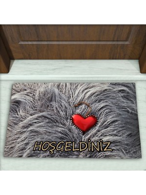 Tüy Kalp Desenli Dekoratif Kapı Önü Paspası No: 1354