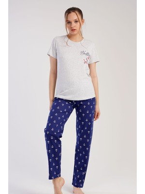 New Pajamas Kadın Gri Lacivert Kısa Kollu  Desenli Bisiklet Yaka Oval Etek Süprem Pijama Takımı