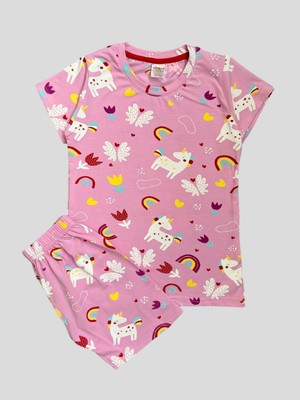 Elmas Kids Kız Çocuk  Pamuklu Unıcorn Kelebek Gökkuşağı Desenli Pijama Takımı