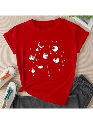 Stıl-X Gökyüzü Temalı Bisiklet Yaka %100 Pamuklu Kadın T-Shirt