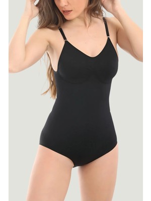 TECHNO 8Q Çıtçıtlı Sıkılaştırıcı Askılı Push Up Etkili Vücut Şekillindirici Body Zıbın Korse Siyah Renk