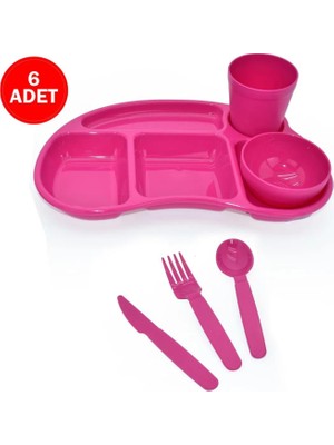 Melkan Home 6'lı Çocuk Tabldot Set 5 Bölmeli Kahvaltılık Tabildot Seti Kase Bardak Çatal Bıçak Kaşık Set Pembe