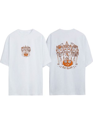 Youwinner Unisex Cadılar Bayranı Kedileri Tasarım Baskılı Pamuk Beyaz Oversize T-Shirt