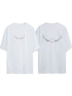 Youwinner Unisex Balance Yaprak Tasarım Baskılı Pamuk Beyaz Oversize T-Shirt