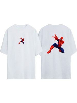 Unisex Spıderman Tasarım Baskılı Pamuk Beyaz Oversize T-Shirt