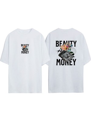 Unisex Beauty Money Tasarım Baskılı Pamuk Beyaz Oversize T-Shirt