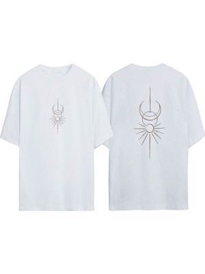 Unisex Güneş ve Ay Sembolu Tasarım Baskılı Pamuk Beyaz Oversize T-Shirt