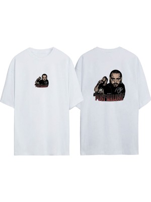 Unisex Post Malone Tasarım Baskılı Pamuk Beyaz Oversize T-Shirt