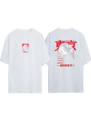 Unisex Tokyo Mikey Tasarım Baskılı Pamuk Beyaz Oversize T-Shirt