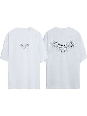 Youwinner Unisex Kanatlı Kalp Tasarım Baskılı Pamuk Beyaz Oversize T-Shirt
