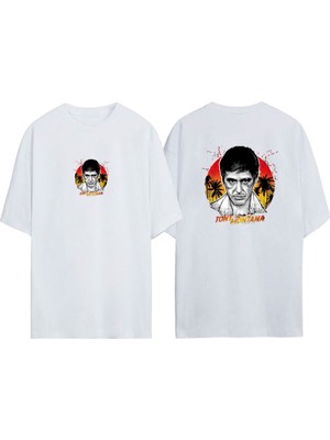 Youwinner Unisex Tony Montana Summer Tasarım Baskılı Pamuk Beyaz Oversize T-Shirt