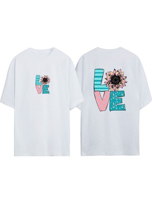 Unisex Love Papatya Tasarım Baskılı Pamuk Beyaz Oversize T-Shirt