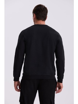 Siyah Slim Fit Baskılı Bisiklet Yaka %100 Pamuk SweatShirt