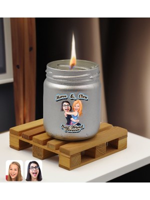 Bk Gift Kişiye Özel Dtf Best Friend Karikatürlü Gümüş Renkli Cam Kavanozda Kokulu Mum-1, Arkadaşa Hediye, Doğum Günü Hediyesi