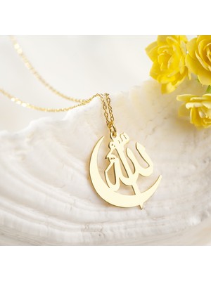 One Silver Gold 925 Ayar Gümüş Hilal Detaylı Allah Yazılı Kolye Özel Tasarım