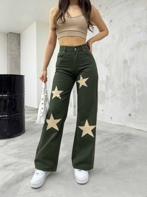 Bikelife Flocked Star Yıldız Baskılı Geniş Paça Straight Fit Wide Leg Jean