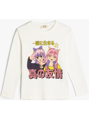 Koton T-Shirt Anime Baskılı Uzun Kollu Bisiklet Yaka Pamuklu