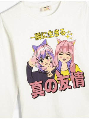 Koton T-Shirt Anime Baskılı Uzun Kollu Bisiklet Yaka Pamuklu