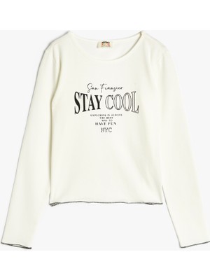 Koton T-Shirt Slogan Baskılı Uzun Kollu Bisiklet Yaka Ribanalı Pamuklu
