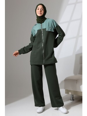 Mihran Butik Kadın Haki Yeşili Mevsimlik Penye Alt Üst Spor ve Rahat Tesettür Takım