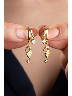 Silvano Jewelry 925 Ayar Gümüş Çift Taşlı Denizatı Küpe