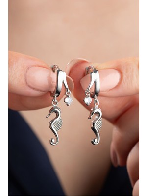Silvano Jewelry 925 Ayar Gümüş Çift Taşlı Denizatı Küpe