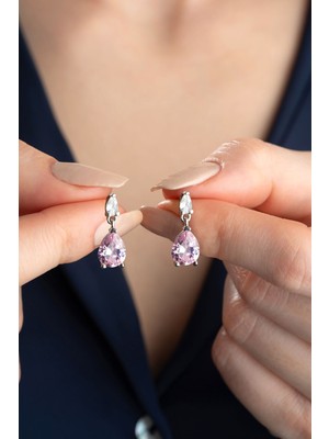 Silvano Jewelry 925 Ayar Gümüş Pembe Damla Taşlı Küpe
