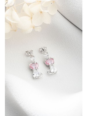 Silvano Jewelry 925 Ayar Gümüş Pembe Taşlı Kedi Küpe