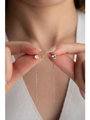 Silvano Jewelry 925 Ayar Gümüş Tektaşlı Zincir Küpe