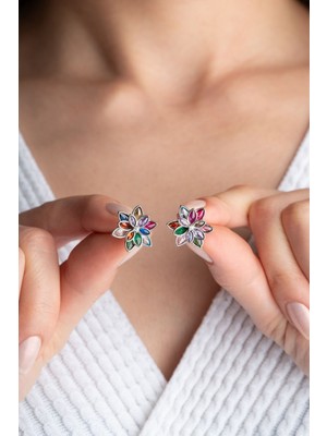 Silvano Jewelry 925 Ayar Gümüş Renkli Lotus Çiçeği Küpe