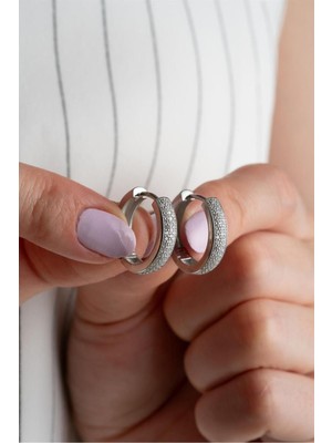 Silvano Jewelry 925 Ayar Gümüş Çift Sıra Taşlı Halka Küpe