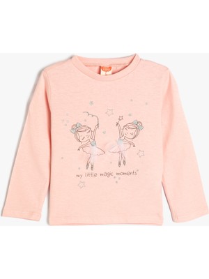 Koton T-Shirt Uzun Kollu Bisiklet Yaka Balerin Baskılı Pamuklu