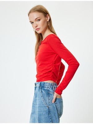 Koton Basic T-Shirt Uzun Kollu Bisiklet Yaka Drapeli Viskon Karışımlı