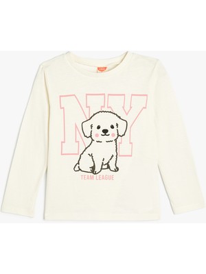 Koton Uzun Kollu T-Shirt Kız Çocuk İçin Grafik Desenli Bisiklet Yaka Köpek Baskılı Krem