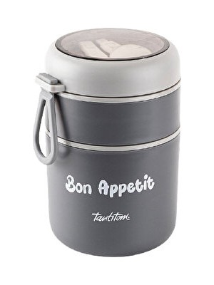 Peri Store Tantitoni Gri Paslanmaz Çelik Yuvarlak 2 Katlı Plastik Kaşıklı Yemek Taşıma Kabı 710ML