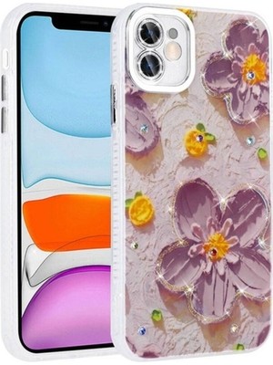 ZORE Apple iPhone 11 Uyumlu Kılıf Çiçek Desenli Parlak Taşlı Sert Silikon Zore Garden Kapak, Mor