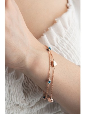 Silvano Jewelry 925 Ayar Gümüş Nazarlı Kalpli Çift Zincir Bileklik