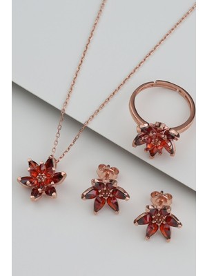 Silvano Jewelry 925 Ayar Gümüş Kırmızı Lotus Çiçekli Takı Set