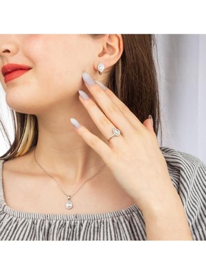 Silvano Jewelry 925 Ayar Gümüş Beyaz Taşlı Damla Takı Seti