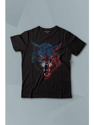 Kendim Seçtim Kısa Kollu Çocuk Tişört  Bordo Mavi Kurt Wolf Red Blue Siyah Baskılı Tişört