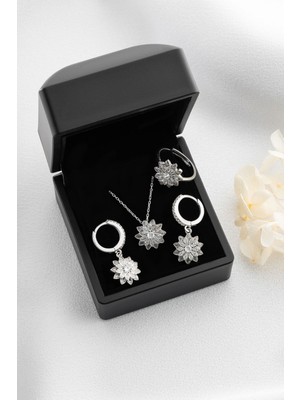 Silvano Jewelry 925 Ayar Gümüş Lotus Çiçeği Takı (Kolye-Küpe-Yüzük)Seti