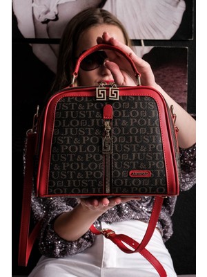 Just Polo Kadın Kırmızı 4 Bölmeli Ayarlanabilir Uzun Askılı El ve Omuz Çantası JPM2057 Kırmızı Kahve
